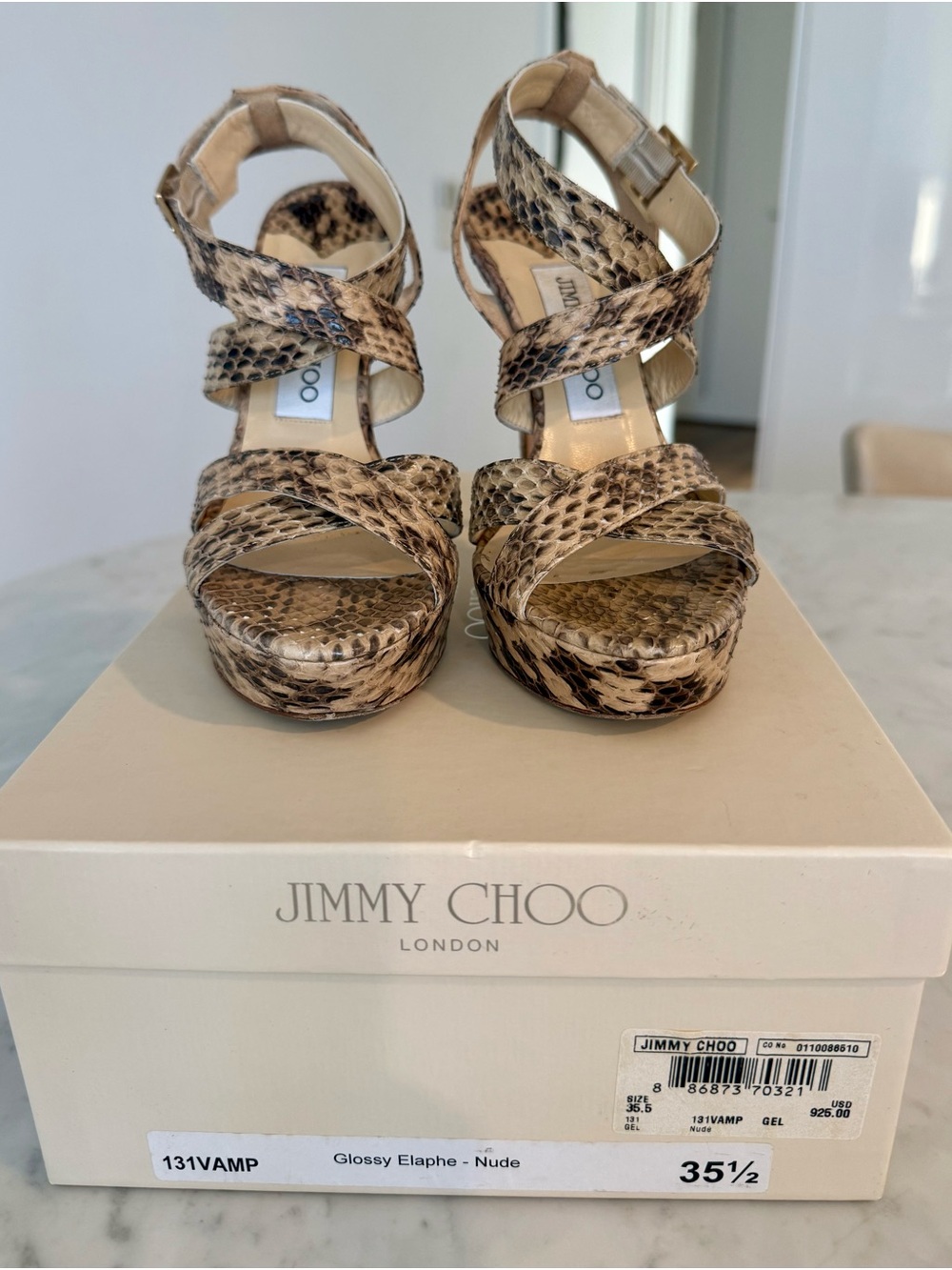 Jimmy Choo Snakeskin Platform Strappy Heels in Nude/Brown